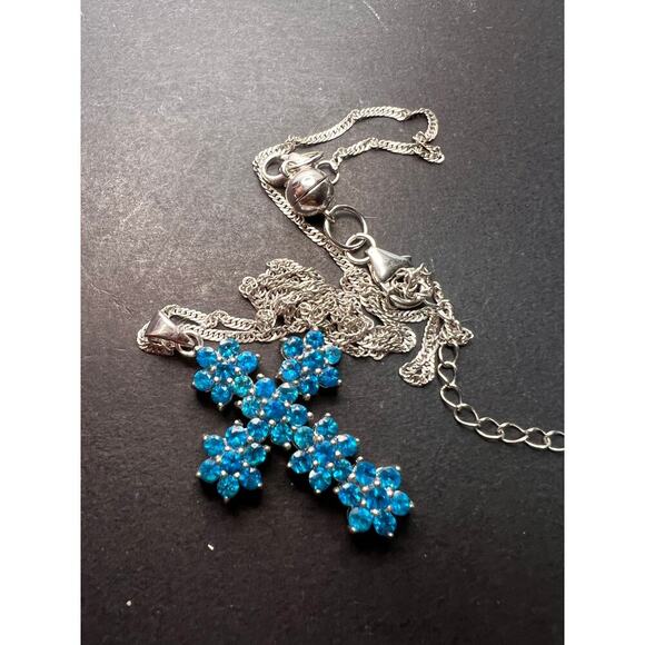 Neon Apatite Rhodium Over 925 Cross Pendant With Chain - Picture 4 of 11
